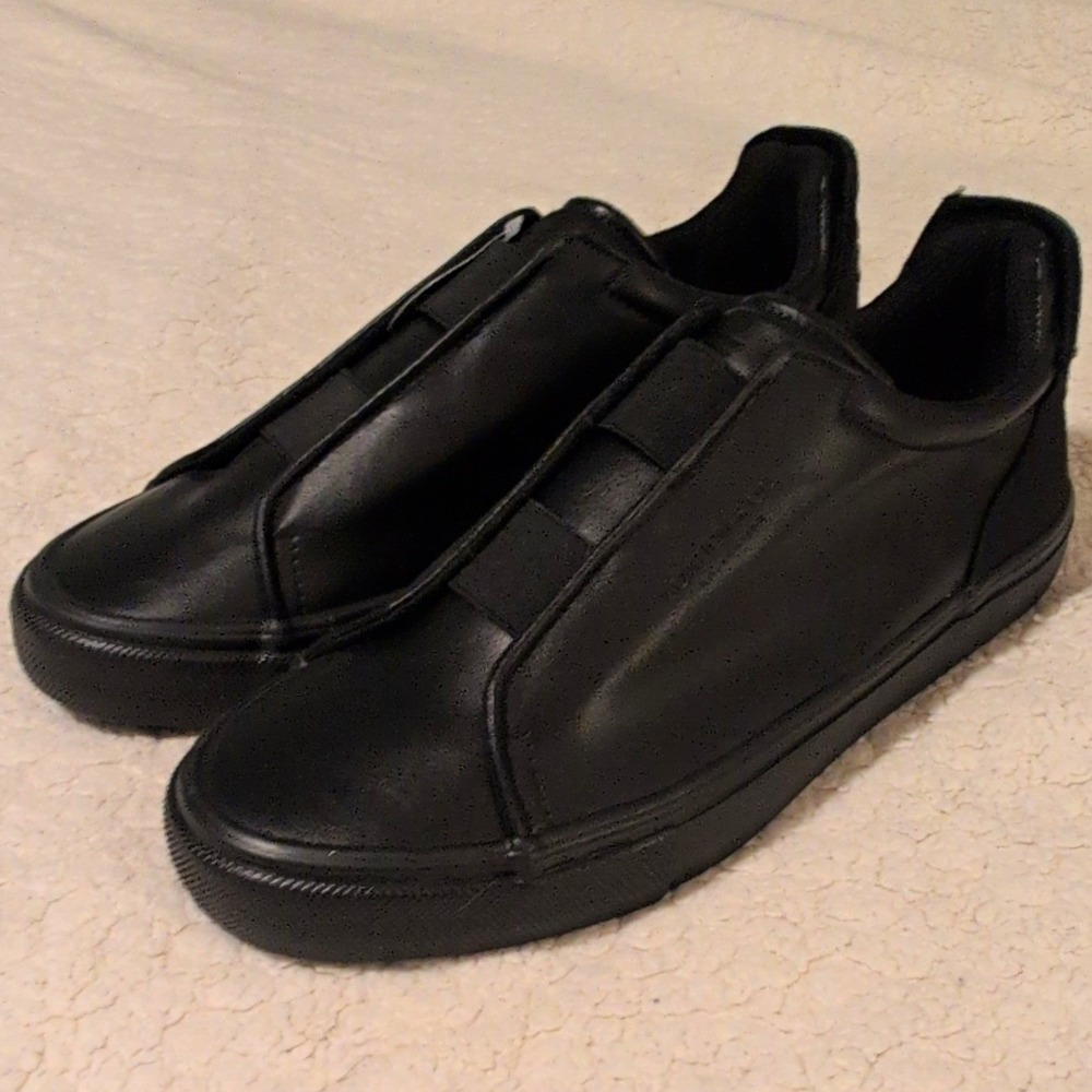 London Fog Francis Men's Slip On Sneakers Black Leather Laceless Shoes Size 9